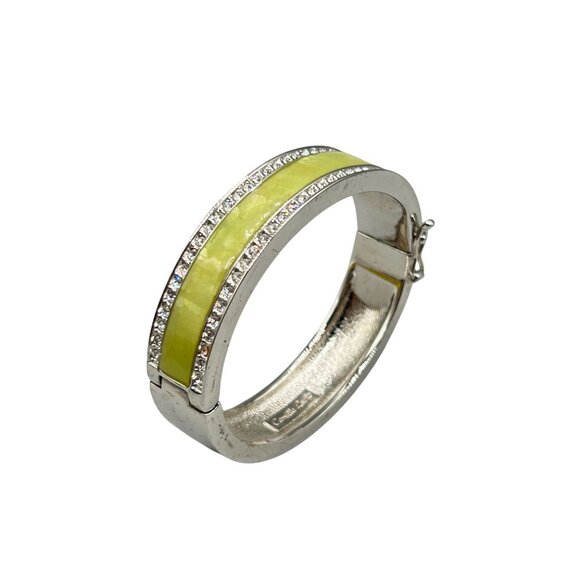 Signed Camille Lucie Hinged Bangle Bracelet Yellow Green Enamel and Rhinestones - Picture 1 of 8